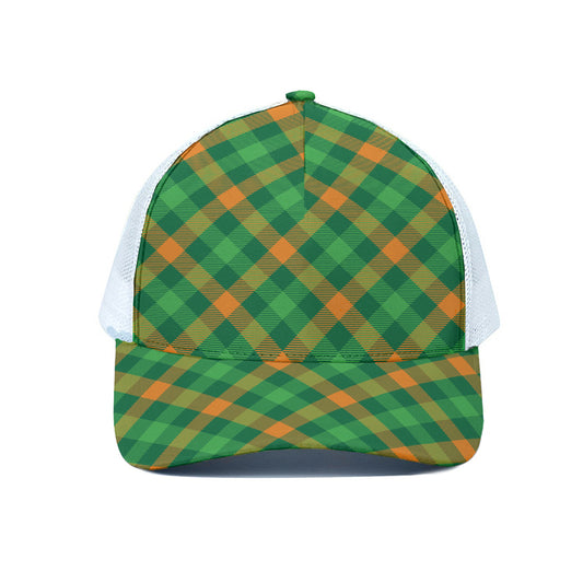 Green And Orange Buffalo Plaid Print White Mesh Trucker Cap