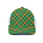 Green And Orange Buffalo Plaid Print White Mesh Trucker Cap
