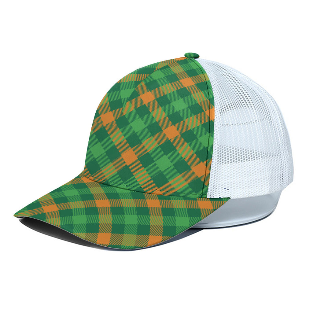 Green And Orange Buffalo Plaid Print White Mesh Trucker Cap