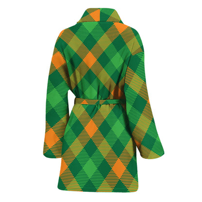 Green And Orange Buffalo Plaid Print Women's Bathrobe