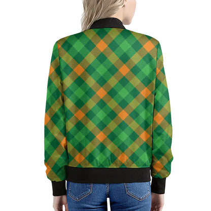 Green And Orange Buffalo Plaid Print Women's Bomber Jacket
