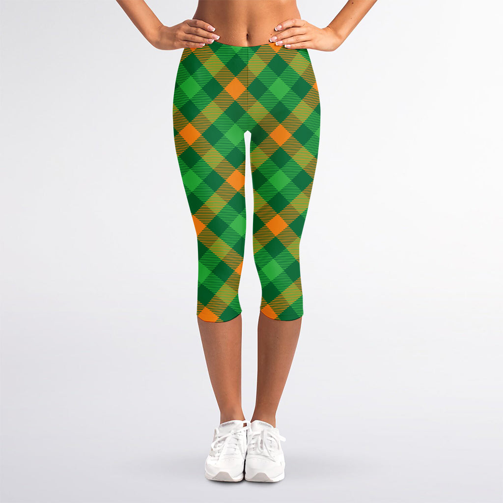 Green And Orange Buffalo Plaid Print Women's Capri Leggings