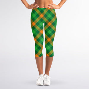 Green And Orange Buffalo Plaid Print Women's Capri Leggings