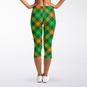 Green And Orange Buffalo Plaid Print Women's Capri Leggings