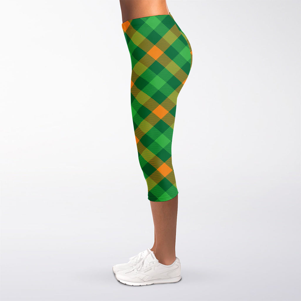 Green And Orange Buffalo Plaid Print Women's Capri Leggings