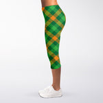 Green And Orange Buffalo Plaid Print Women's Capri Leggings