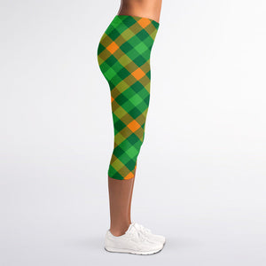 Green And Orange Buffalo Plaid Print Women's Capri Leggings