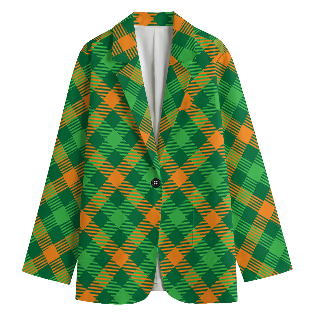 Green And Orange Buffalo Plaid Print Women's Cotton Blazer