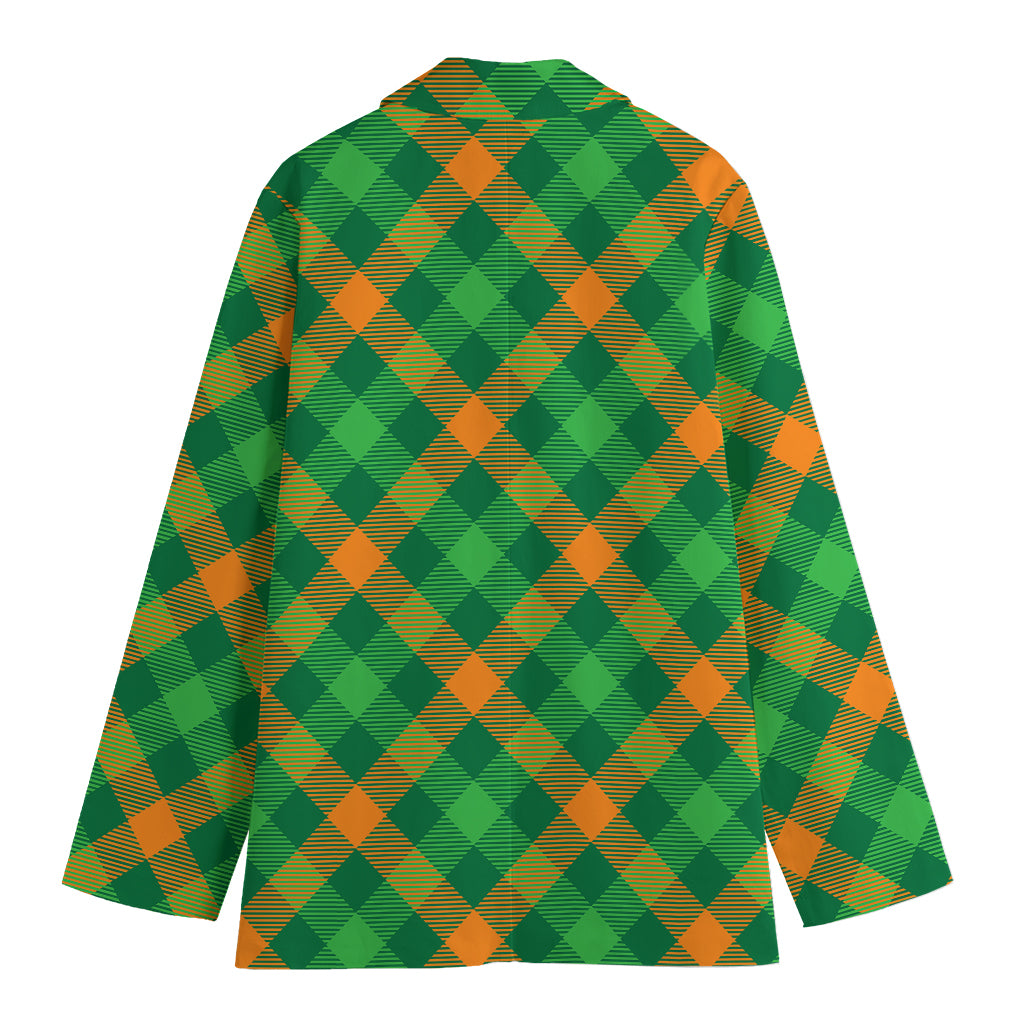 Green And Orange Buffalo Plaid Print Women's Cotton Blazer