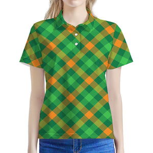 Green And Orange Buffalo Plaid Print Women's Polo Shirt