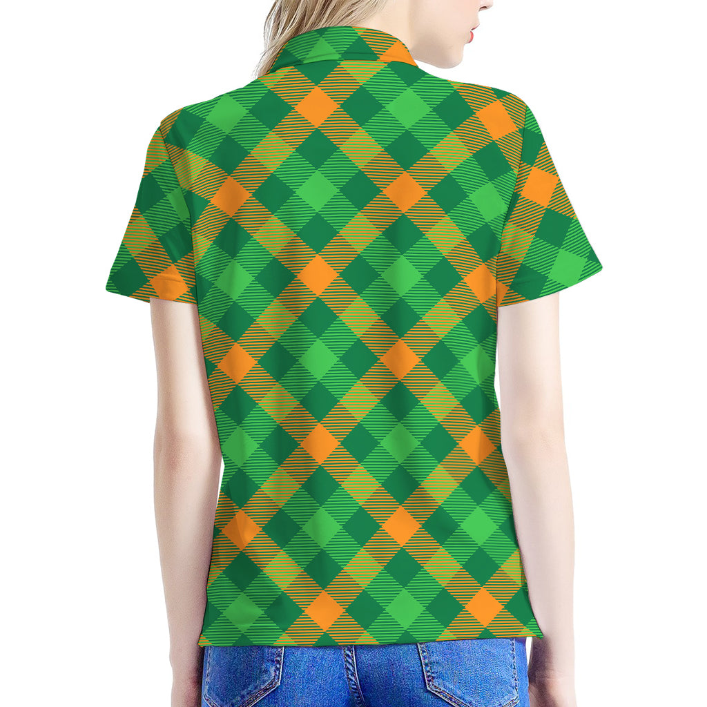 Green And Orange Buffalo Plaid Print Women's Polo Shirt