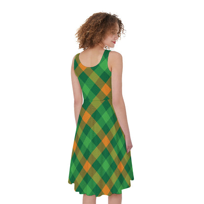 Green And Orange Buffalo Plaid Print Women's Sleeveless Dress
