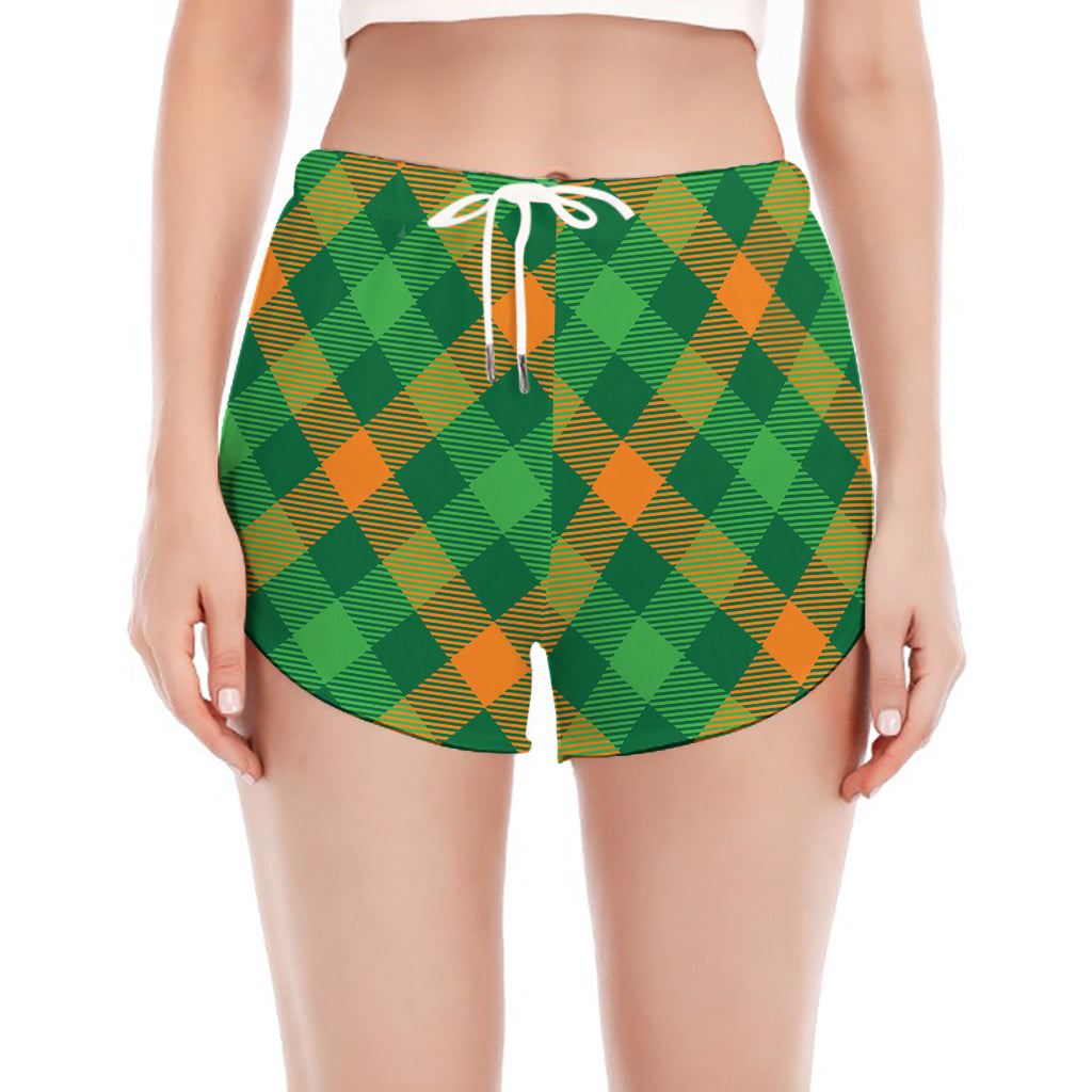 Green And Orange Buffalo Plaid Print Women's Split Running Shorts