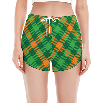 Green And Orange Buffalo Plaid Print Women's Split Running Shorts