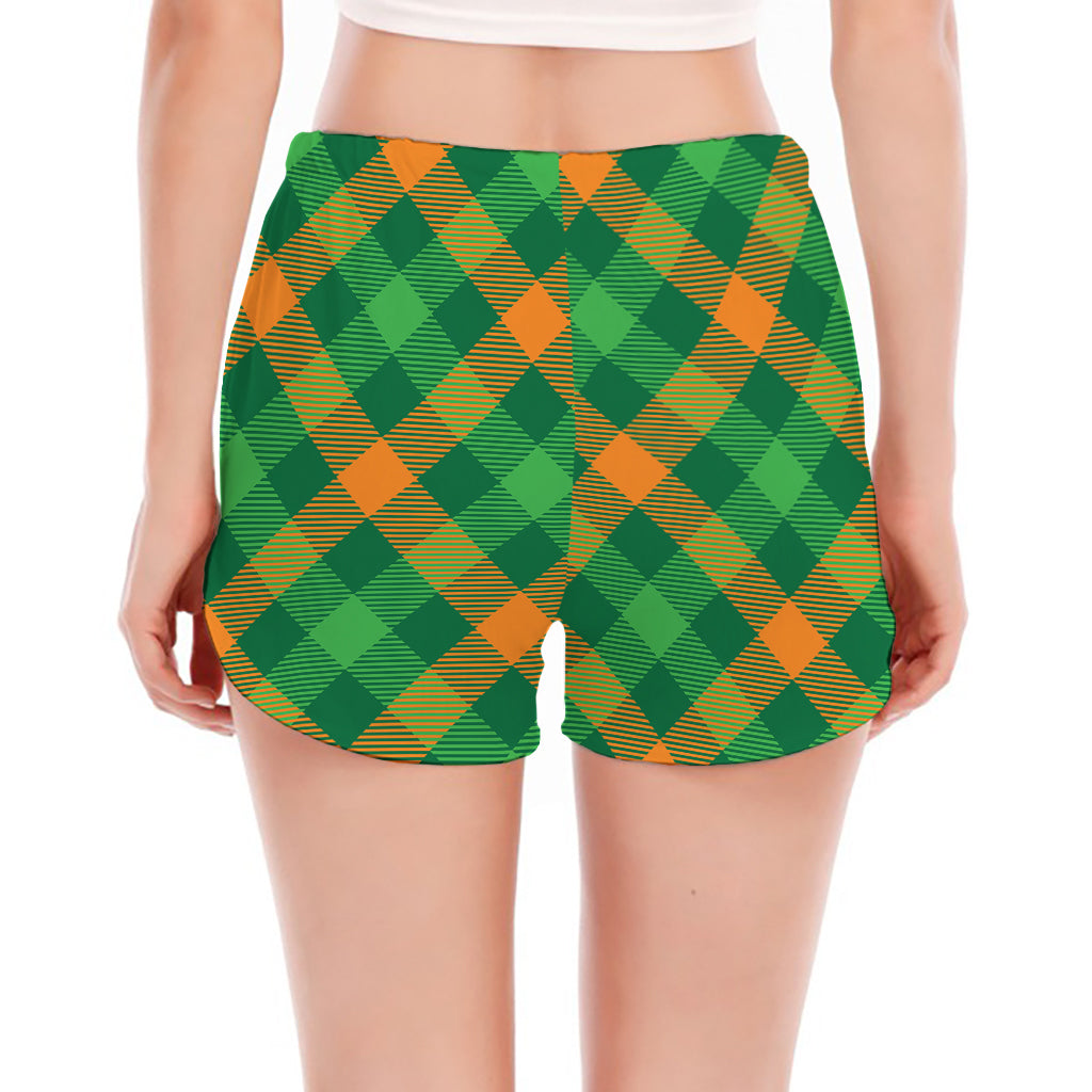Green And Orange Buffalo Plaid Print Women's Split Running Shorts