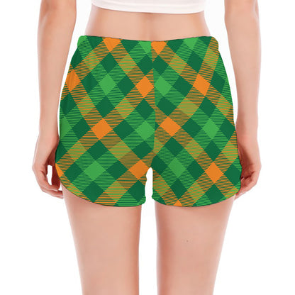 Green And Orange Buffalo Plaid Print Women's Split Running Shorts