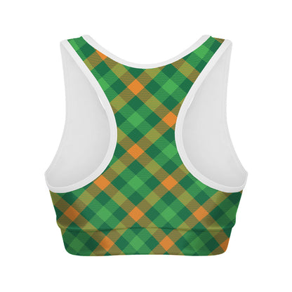 Green And Orange Buffalo Plaid Print Women's Sports Bra