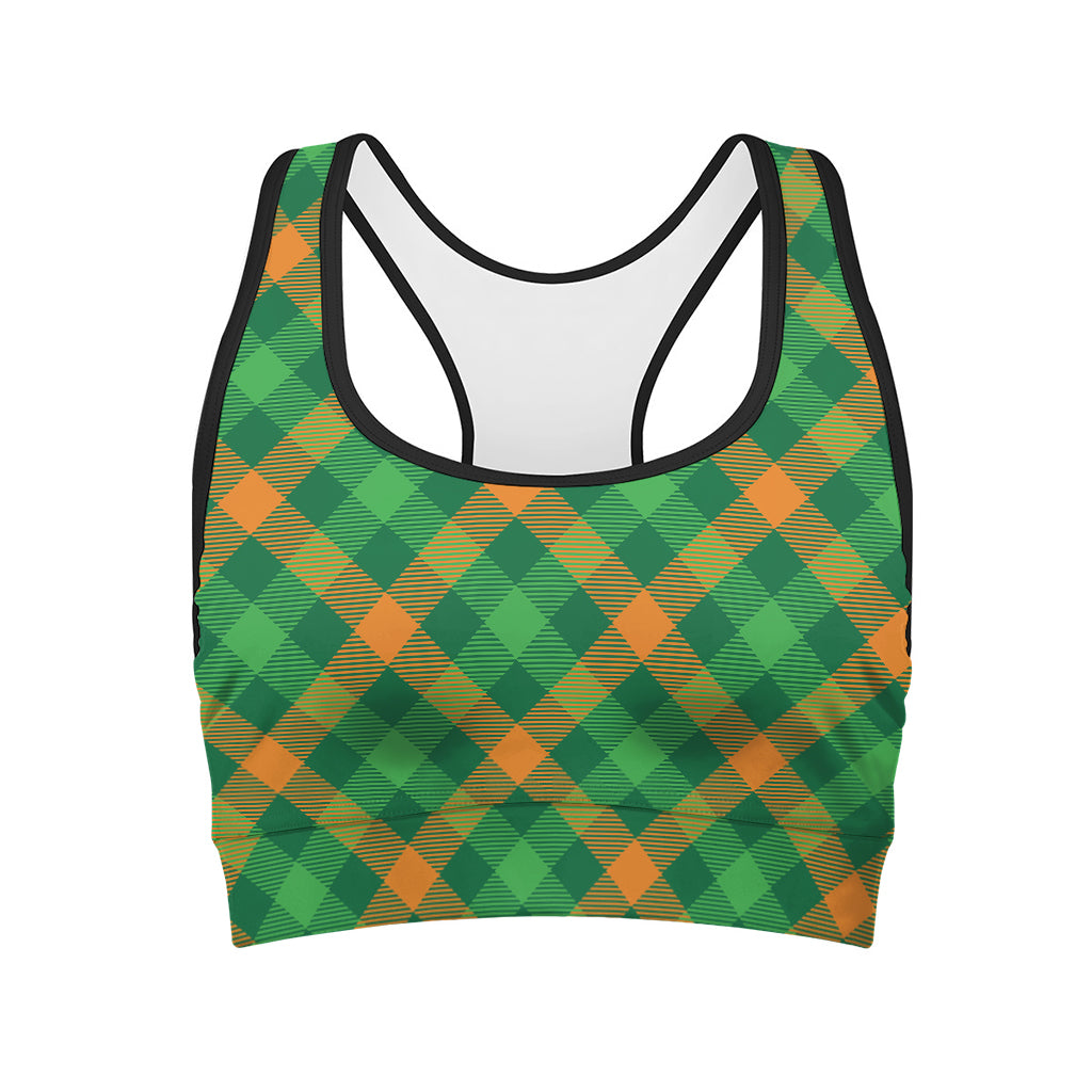 Green And Orange Buffalo Plaid Print Women's Sports Bra