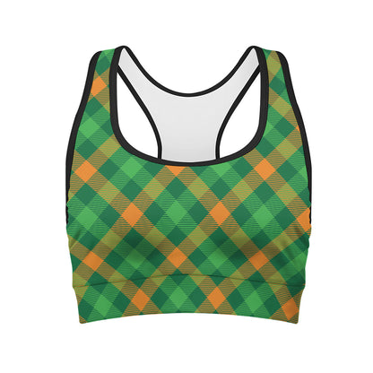 Green And Orange Buffalo Plaid Print Women's Sports Bra