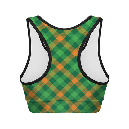 Green And Orange Buffalo Plaid Print Women's Sports Bra