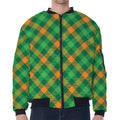 Green And Orange Buffalo Plaid Print Zip Sleeve Bomber Jacket