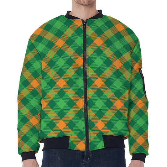 Green And Orange Buffalo Plaid Print Zip Sleeve Bomber Jacket