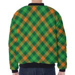 Green And Orange Buffalo Plaid Print Zip Sleeve Bomber Jacket