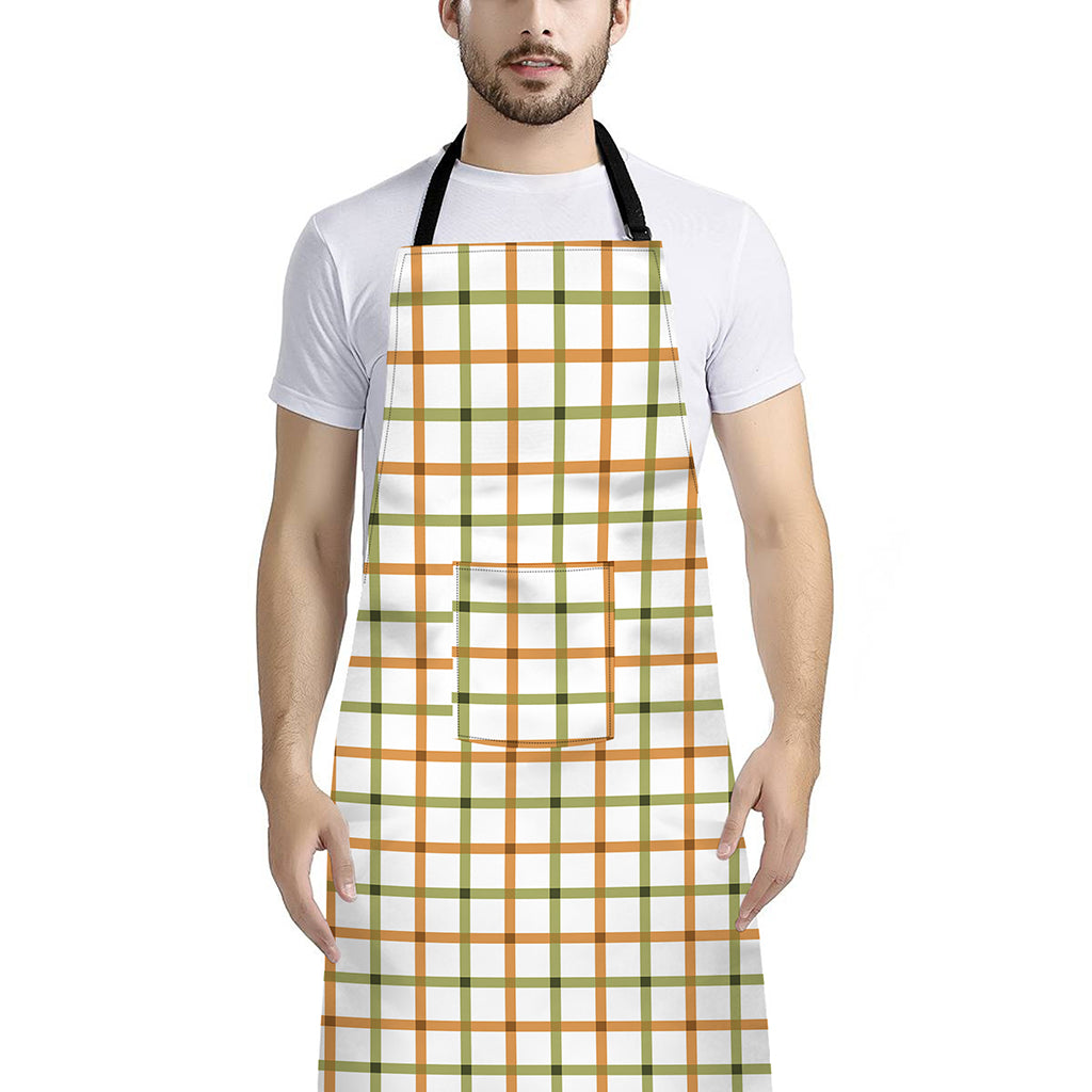 Green And Orange Tattersall Print Bib Apron With Pocket