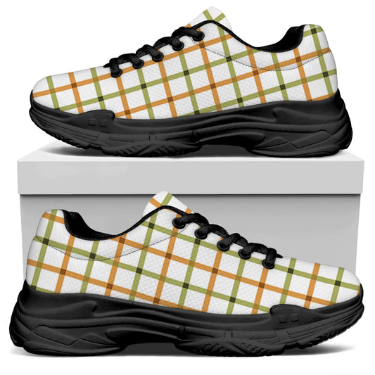 Green And Orange Tattersall Print Black Chunky Shoes