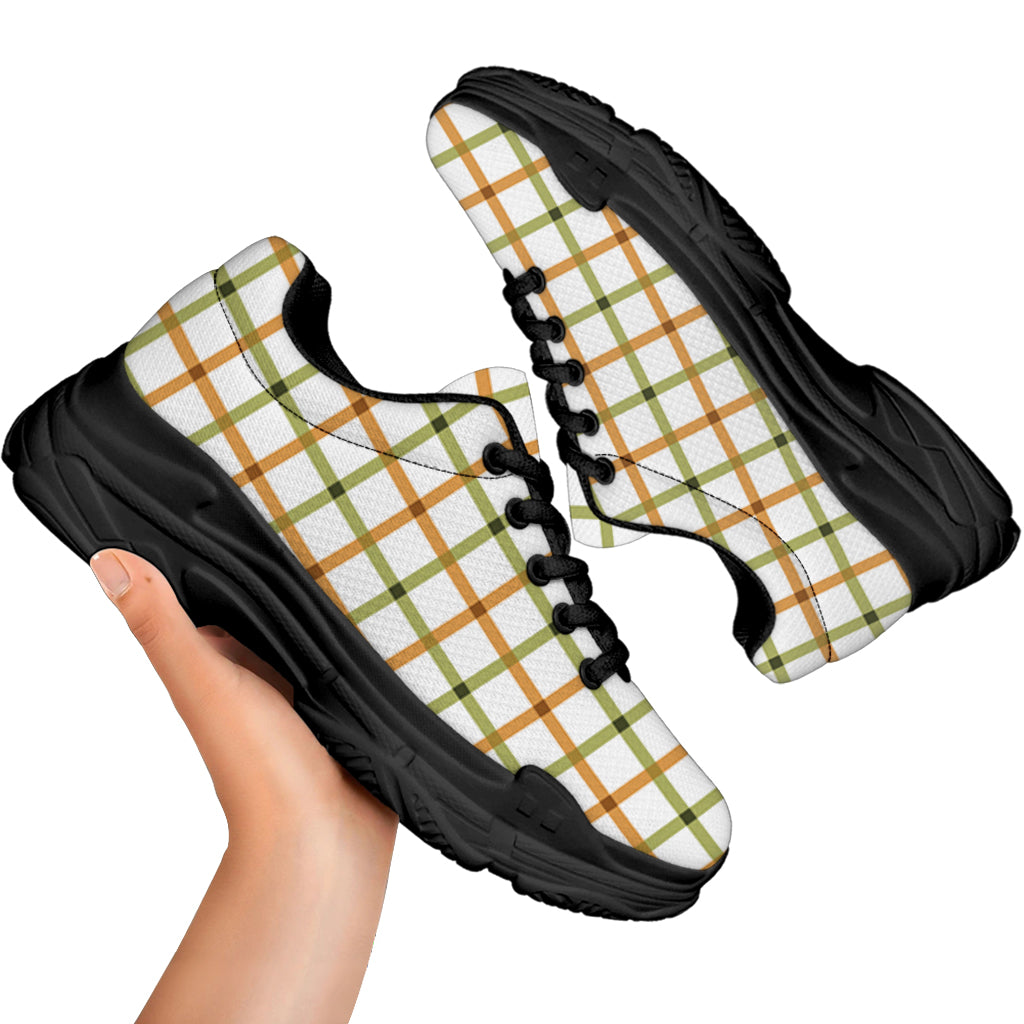 Green And Orange Tattersall Print Black Chunky Shoes