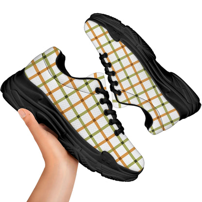 Green And Orange Tattersall Print Black Chunky Shoes