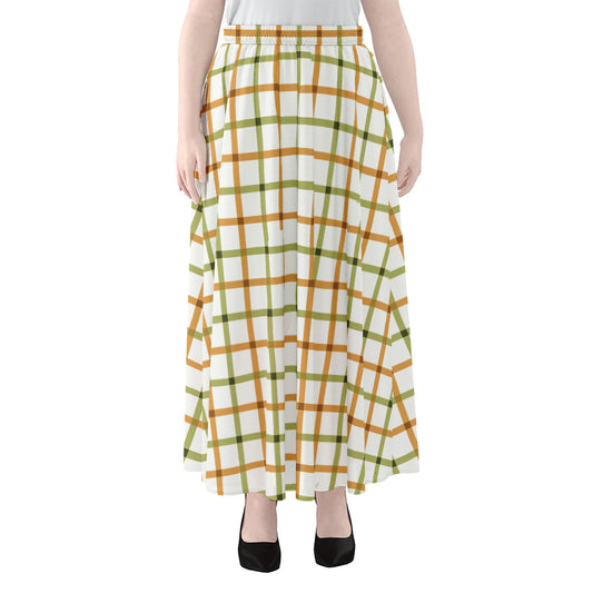 Green And Orange Tattersall Print Chiffon Maxi Skirt