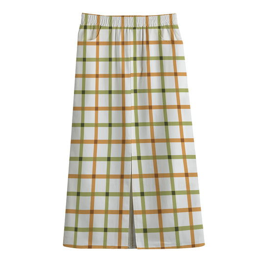 Green And Orange Tattersall Print Cotton Front Slit Maxi Skirt