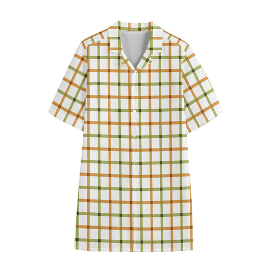 Green And Orange Tattersall Print Cotton Hawaiian Shirt