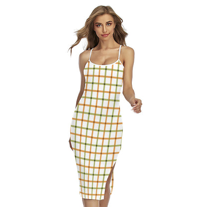 Green And Orange Tattersall Print Cross Back Cami Dress