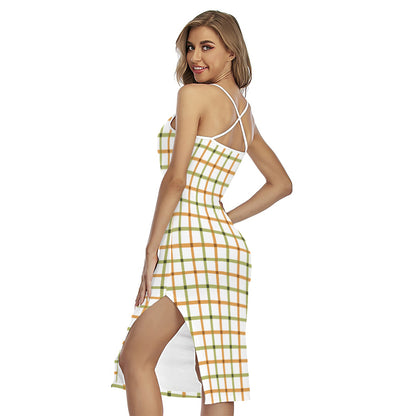 Green And Orange Tattersall Print Cross Back Cami Dress