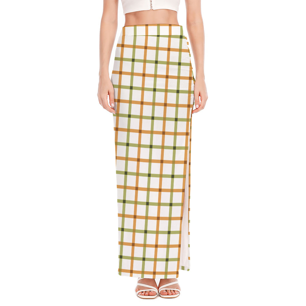Green And Orange Tattersall Print High Slit Maxi Skirt