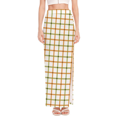 Green And Orange Tattersall Print High Slit Maxi Skirt