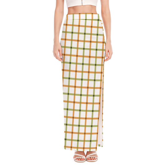 Green And Orange Tattersall Print High Slit Maxi Skirt