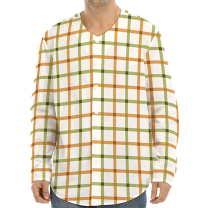 Green And Orange Tattersall Print Long Sleeve Baseball Jersey