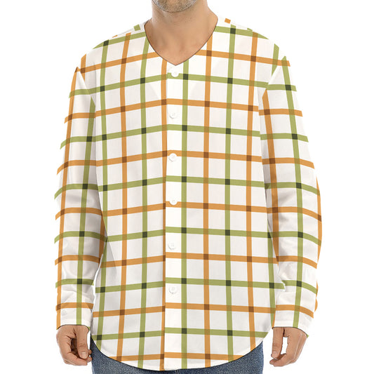 Green And Orange Tattersall Print Long Sleeve Baseball Jersey