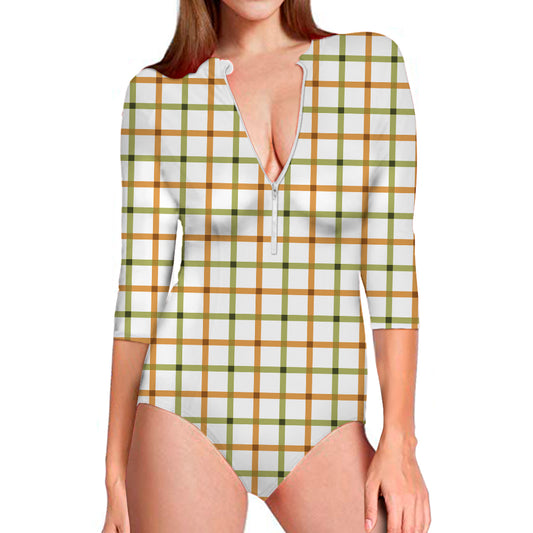 Green And Orange Tattersall Print Long Sleeve Swimsuit