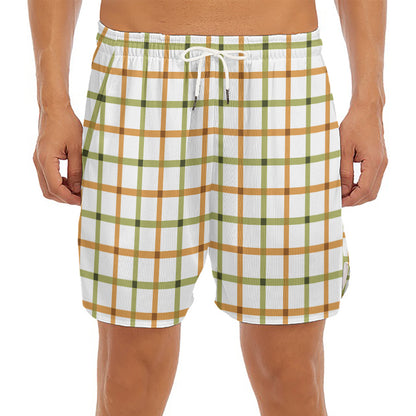 Green And Orange Tattersall Print Men's Split Running Shorts