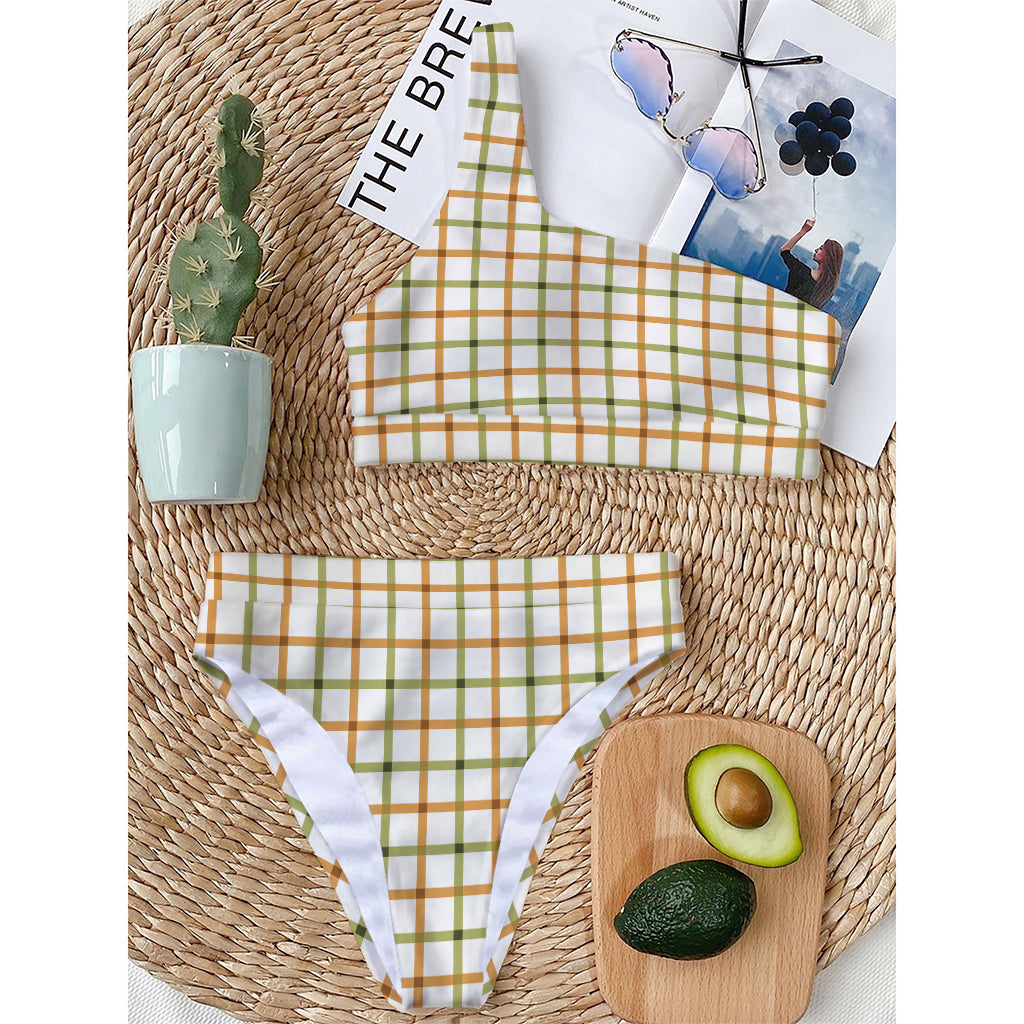 Green And Orange Tattersall Print One Shoulder Bikini Top