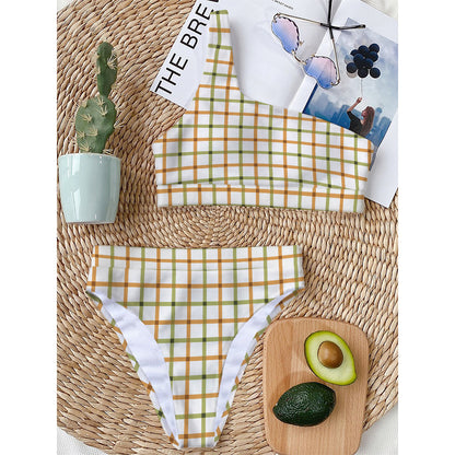 Green And Orange Tattersall Print One Shoulder Bikini Top