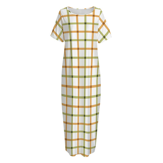Green And Orange Tattersall Print Short Sleeve Long Nightdress
