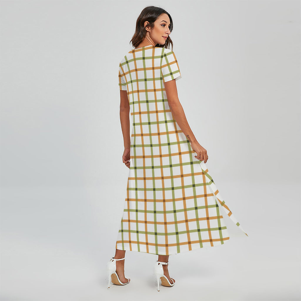 Green And Orange Tattersall Print Short Sleeve Maxi Dress