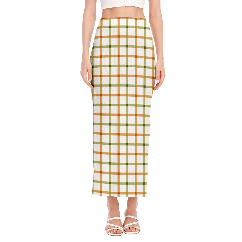 Green And Orange Tattersall Print Side Slit Maxi Skirt
