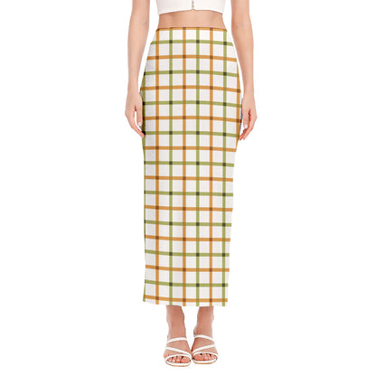Green And Orange Tattersall Print Side Slit Maxi Skirt