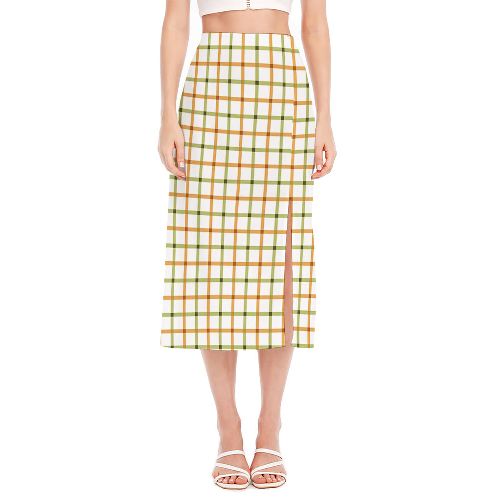Green And Orange Tattersall Print Side Slit Midi Skirt